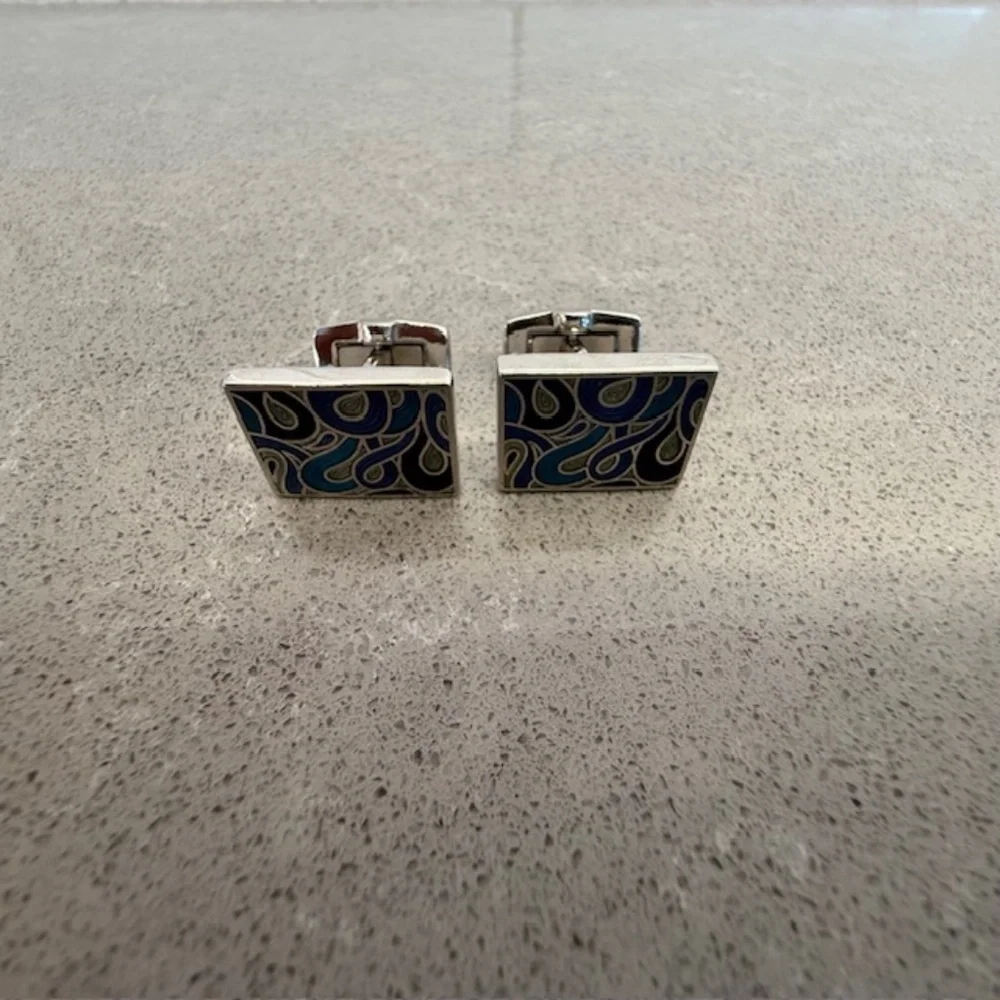 Men's Duchamp London Silver Paisley Blue & Purple Cufflinks -EUC